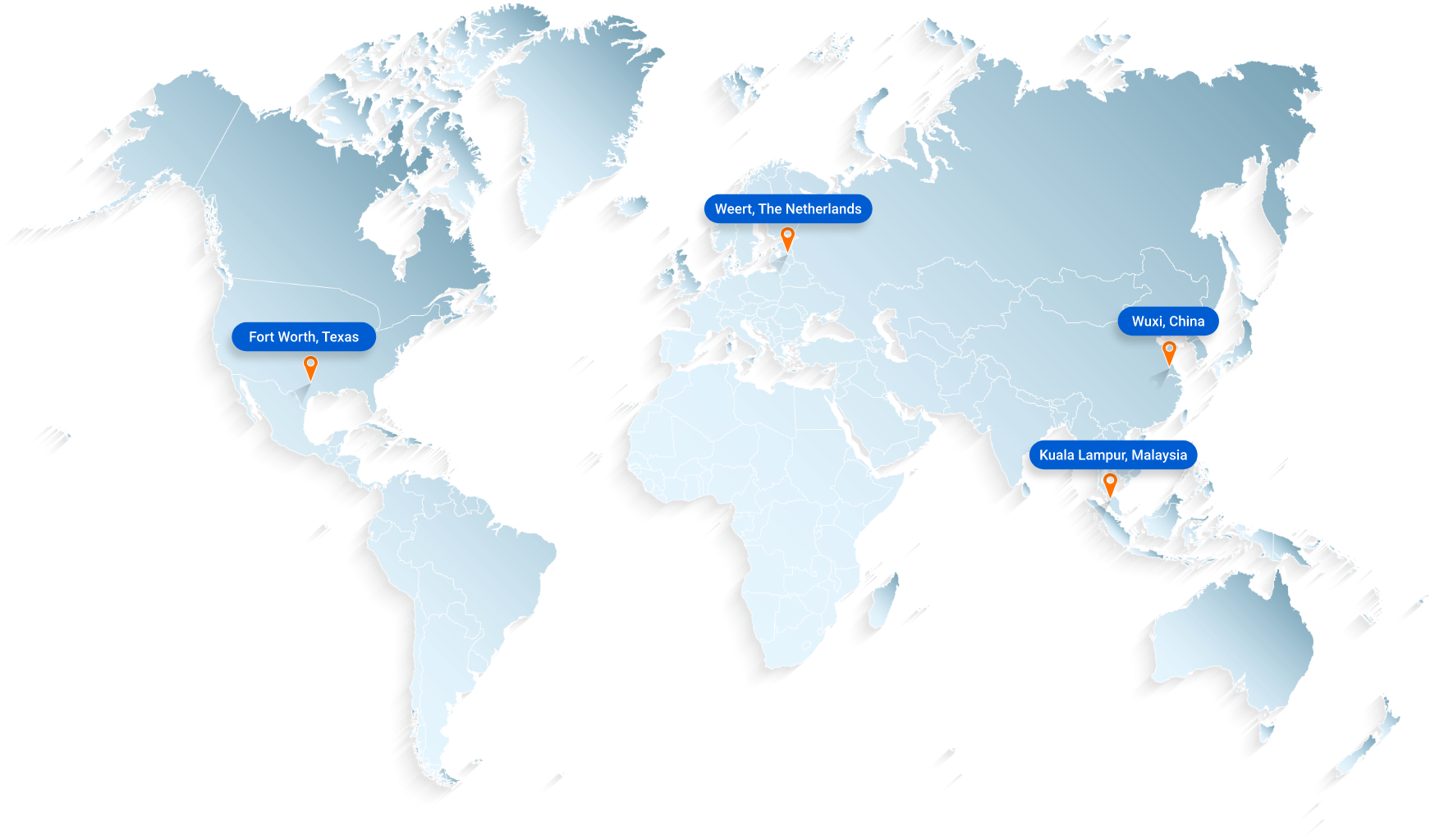 World map showing Sunair locations in Fort Worth, Texas and Weert, The Netherlands